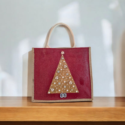 gold jeweled tree tote bag, hand painted Christmas tote, beaded holiday tote, red jute Christmas market bag
