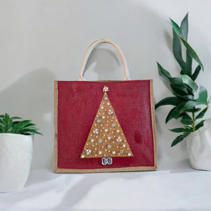 gold jeweled tree tote bag, hand painted Christmas tote, beaded holiday tote, red jute Christmas market bag