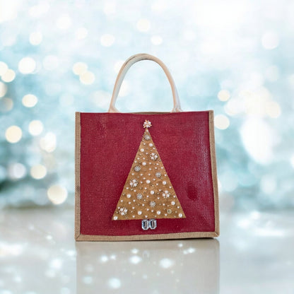 gold jeweled tree tote bag, hand painted Christmas tote, beaded holiday tote, red jute Christmas market bag