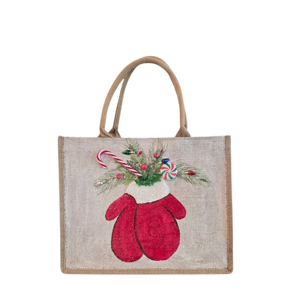 winter mittens tote bag, hand painted Christmas tote, beaded holiday tote, off white jute Christmas bag