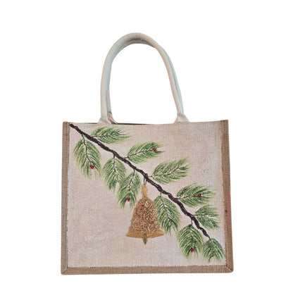 pine branch ornament tote bag, hand painted Christmas tote, beaded holiday tote, off white jute Christmas market bag