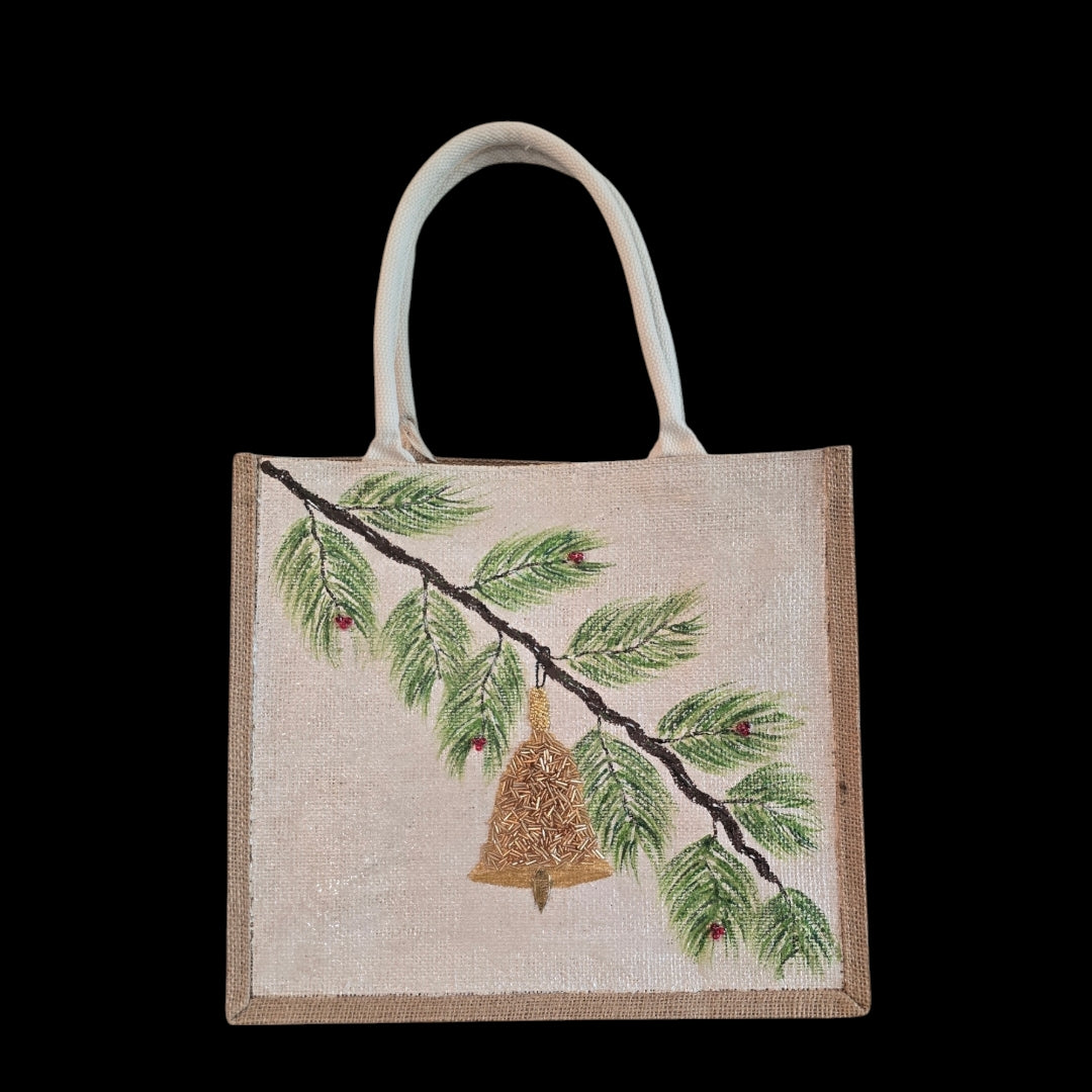Festive-Hand-Painted-Tote, Pine-Branch-With-Ornament-Design, Unique-Artistic-Design