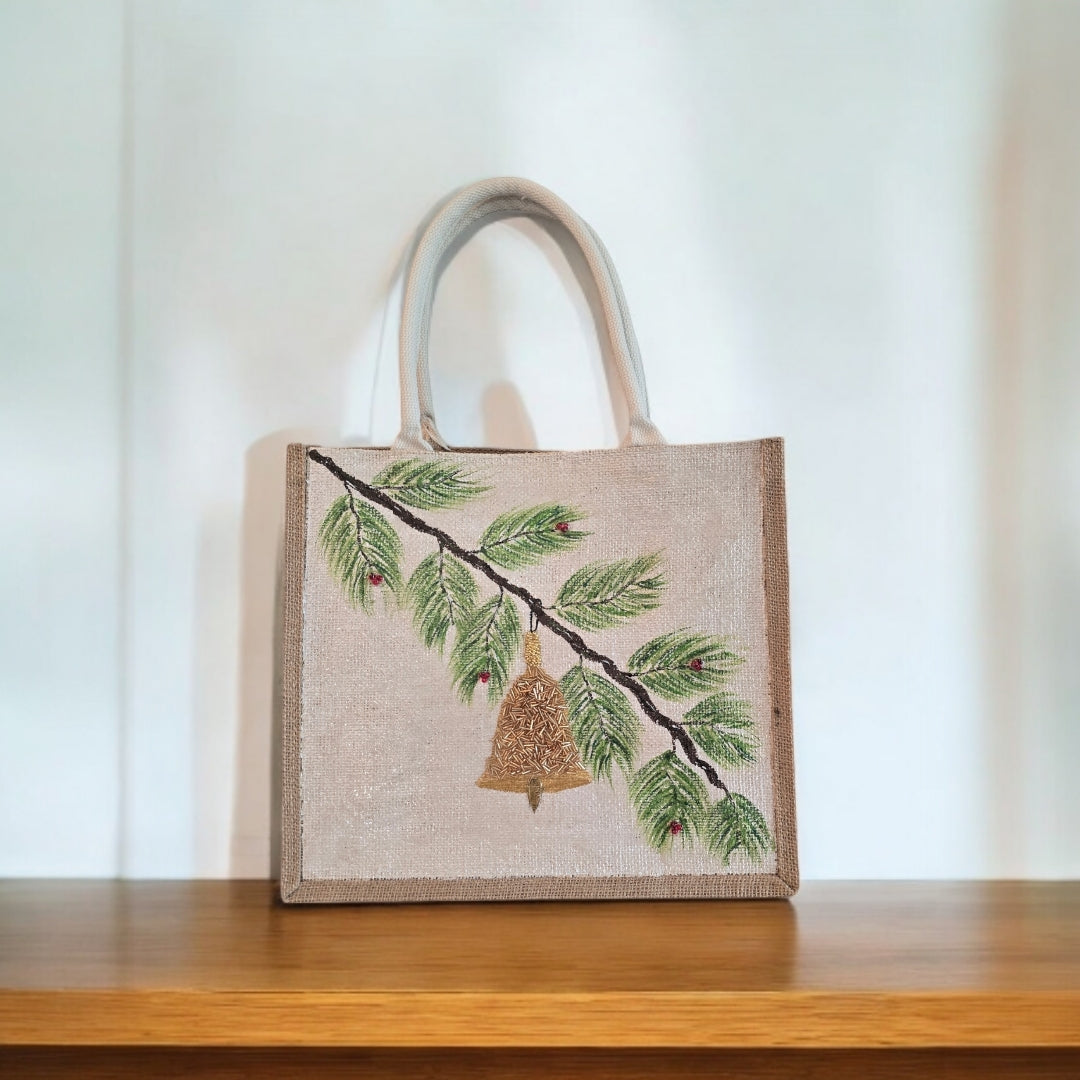 Festive-Hand-Painted-Tote, Pine-Branch-With-Ornament-Design, Unique-Artistic-Design