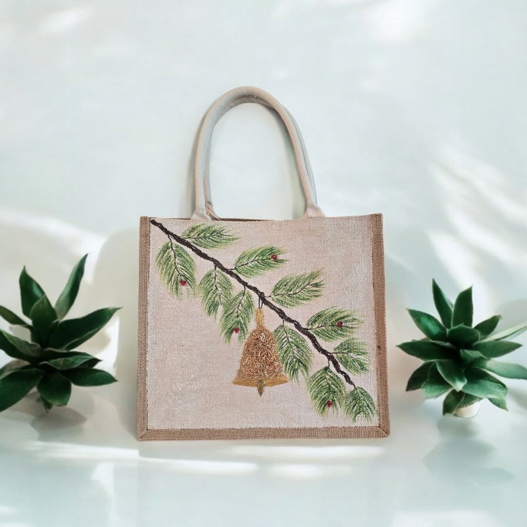 Festive-Hand-Painted-Tote, Pine-Branch-With-Ornament-Design, Unique-Artistic-Design