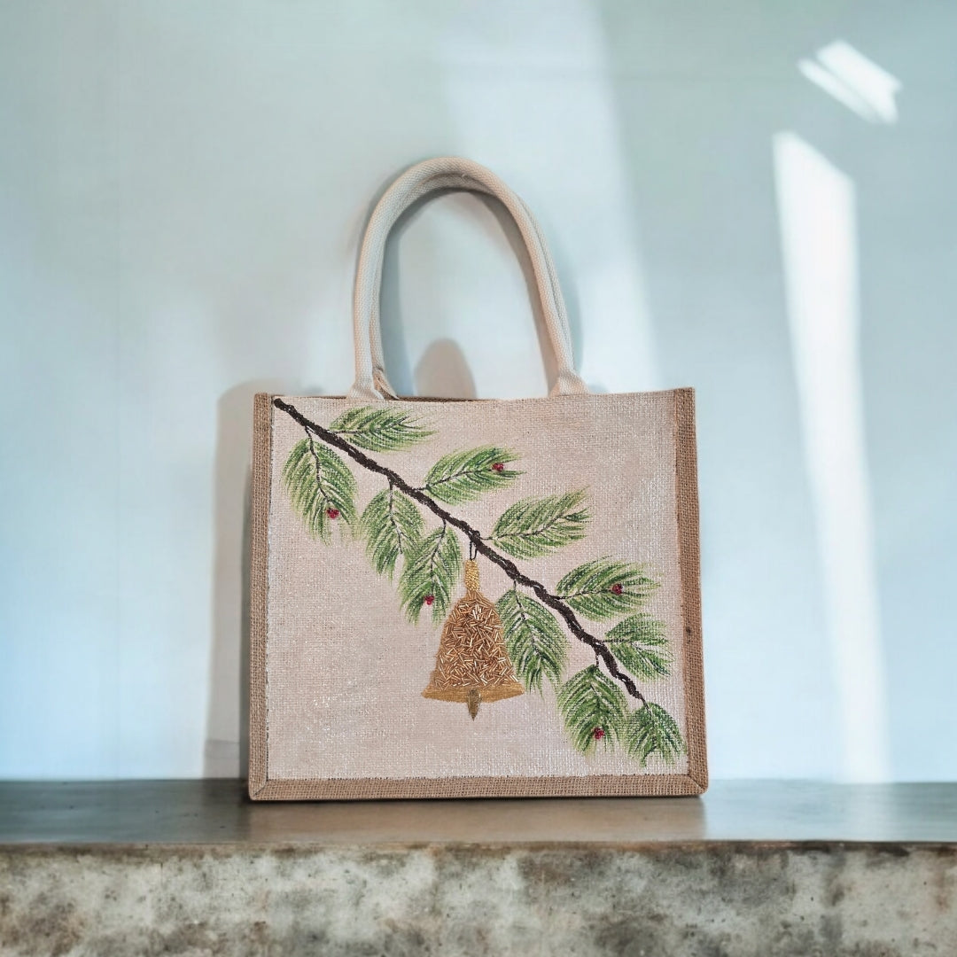 Festive-Hand-Painted-Tote, Pine-Branch-With-Ornament-Design, Unique-Artistic-Design