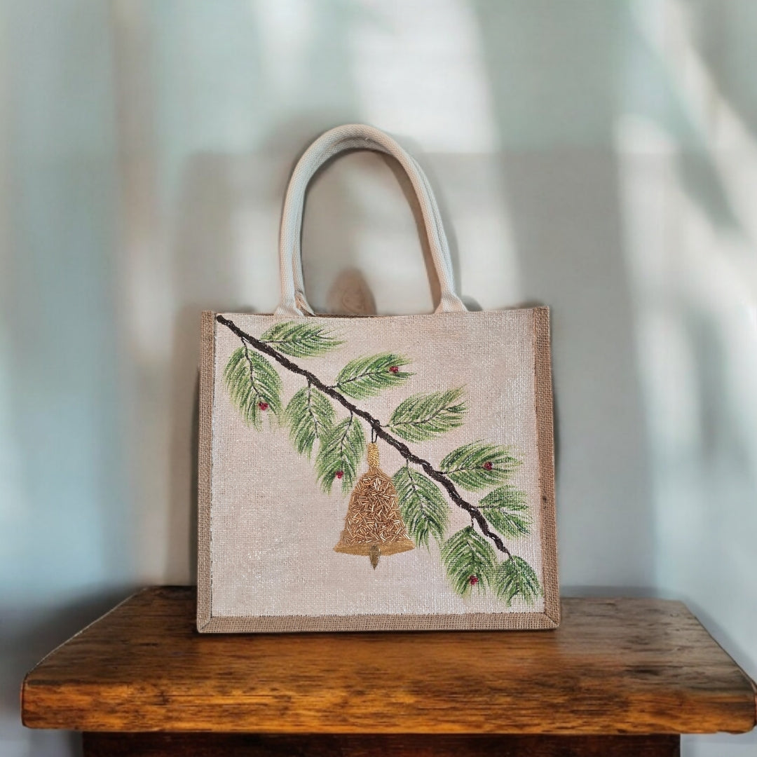 Festive-Hand-Painted-Tote, Pine-Branch-With-Ornament-Design, Unique-Artistic-Design