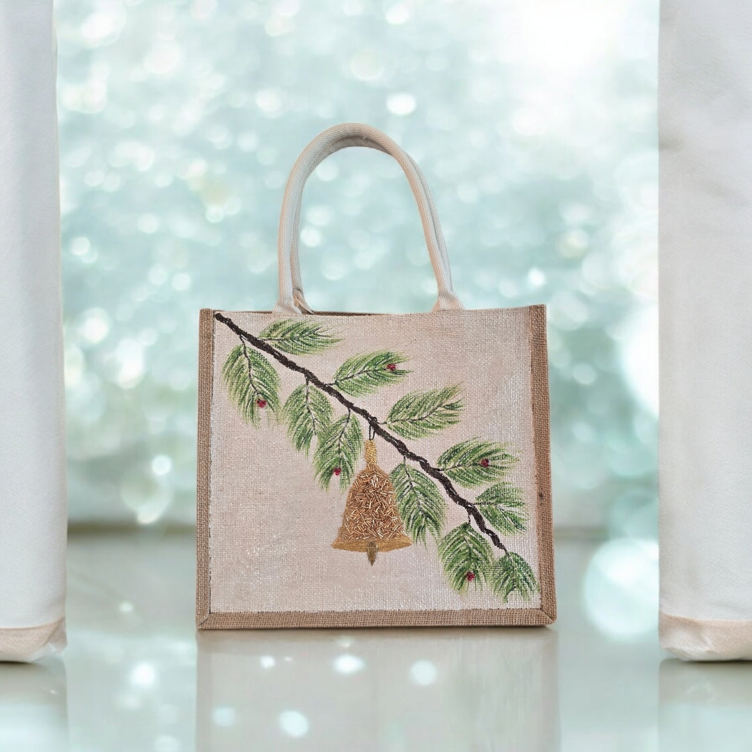 Festive-Hand-Painted-Tote, Pine-Branch-With-Ornament-Design, Unique-Artistic-Design
