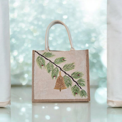 pine branch ornament tote bag, hand painted Christmas tote, beaded holiday tote, off white jute Christmas market bag