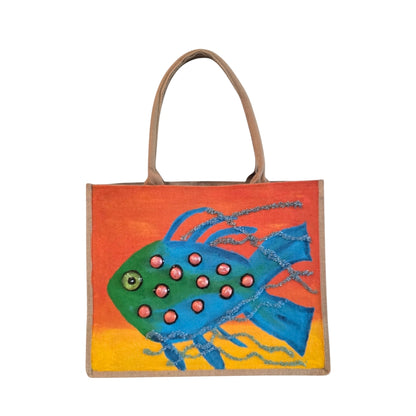 funky fish tote bag, orange tote bag, hand painted beaded fish jute bag, eco-friendly fish market bag