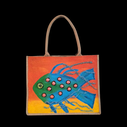 funky fish tote bag, orange tote bag, hand painted beaded fish jute bag, eco-friendly fish market bag