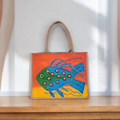 funky fish tote bag, orange tote bag, hand painted beaded fish jute bag, eco-friendly fish market bag