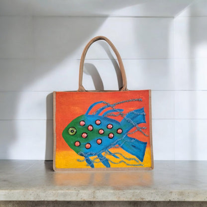 funky fish tote bag, orange tote bag, hand painted beaded fish jute bag, eco-friendly fish market bag
