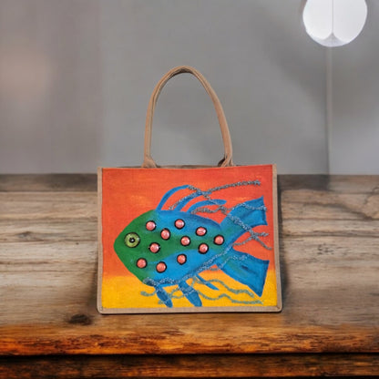 funky fish tote bag, orange tote bag, hand painted beaded fish jute bag, eco-friendly fish market bag