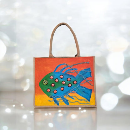 funky fish tote bag, orange tote bag, hand painted beaded fish jute bag, eco-friendly fish market bag