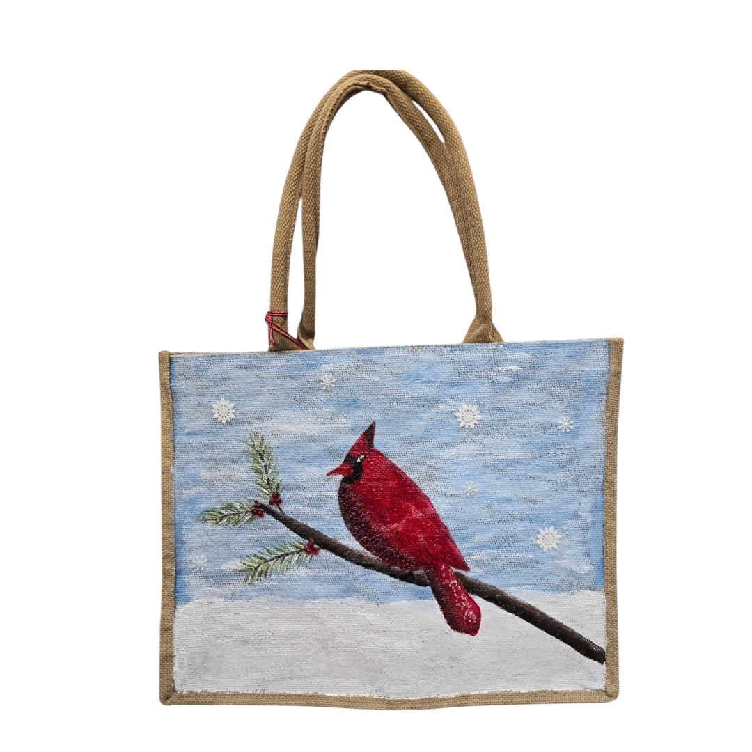Cardinal-Tote-Bag, Hand-Painted-Bird-with-Beads-and-Snowflake-Charms, Artistic-Design