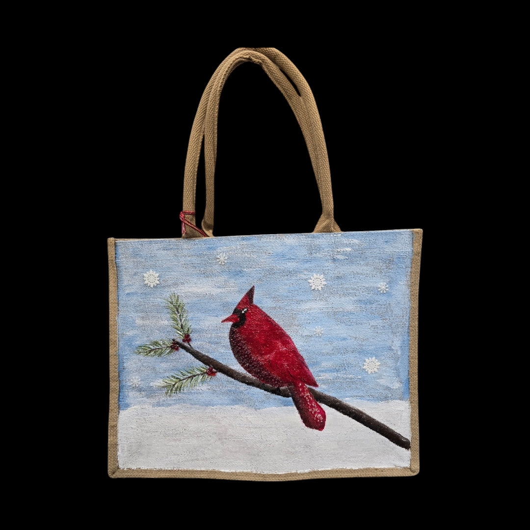 Cardinal-Tote-Bag, Hand-Painted-Bird-with-Beads-and-Snowflake-Charms, Artistic-Design