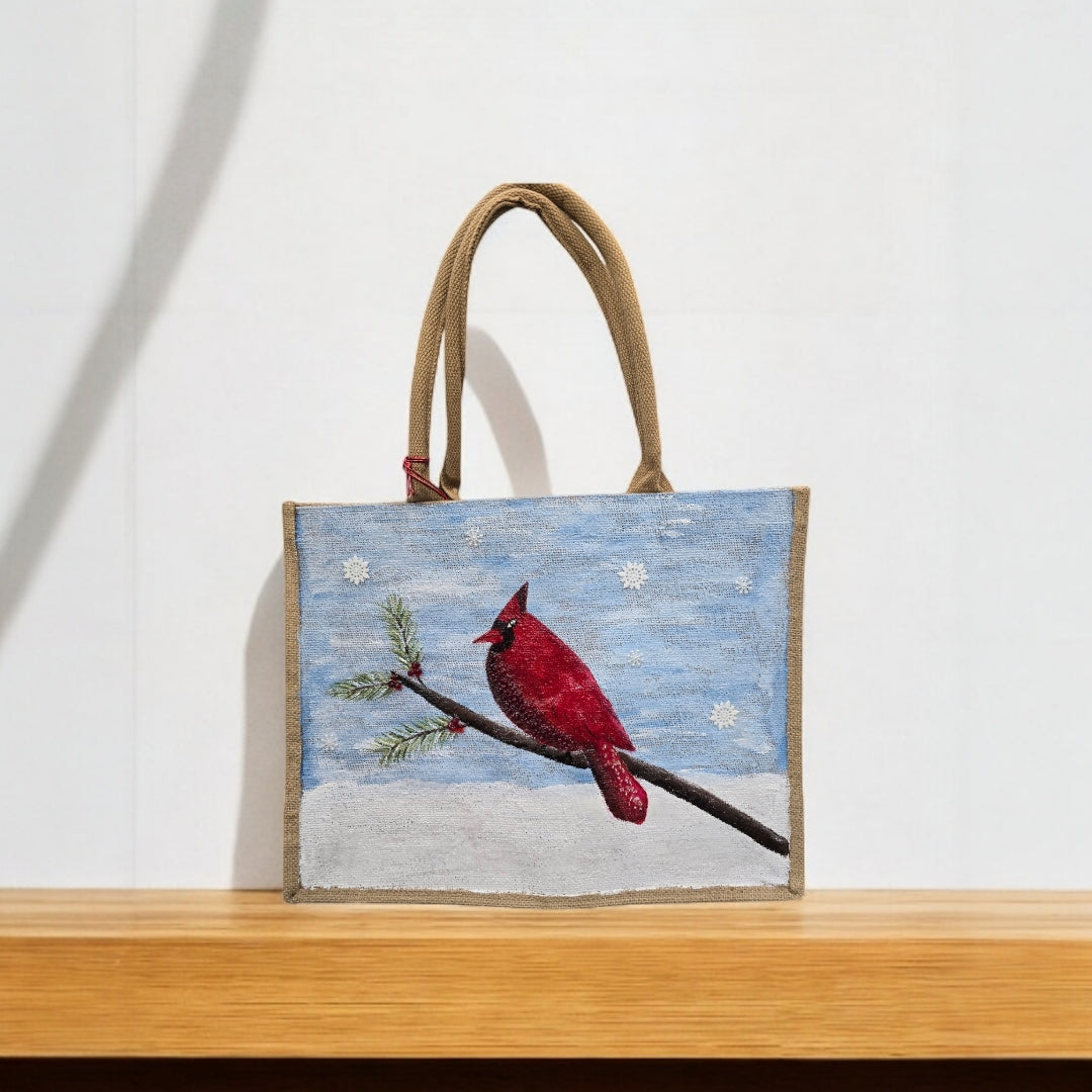 Cardinal-Tote-Bag, Hand-Painted-Bird-with-Beads-and-Snowflake-Charms, Artistic-Design