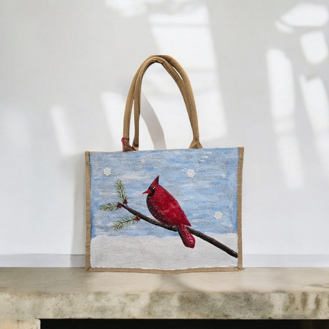 Cardinal-Tote-Bag, Hand-Painted-Bird-with-Beads-and-Snowflake-Charms, Artistic-Design