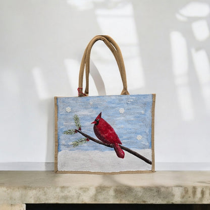 cardinal on blue tote bag, hand painted beaded cardinal jute bag, eco-friendly bird tote, red cardinal market bag