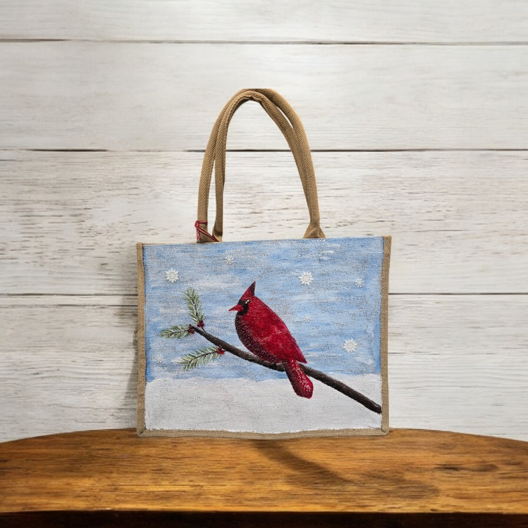 Cardinal-Tote-Bag, Hand-Painted-Bird-with-Beads-and-Snowflake-Charms, Artistic-Design
