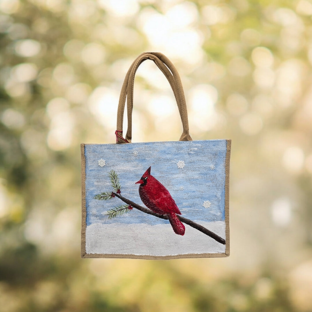 Cardinal-Tote-Bag, Hand-Painted-Bird-with-Beads-and-Snowflake-Charms, Artistic-Design