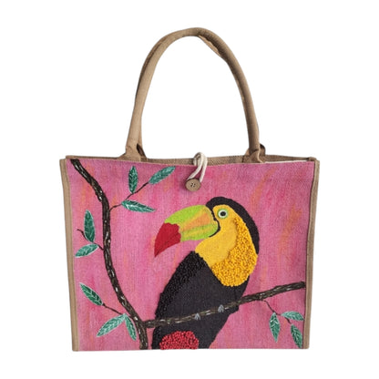 toucan on pink tote bag, tropical bird tote, hand painted toucan jute bag, eco-friendly toucan market bag