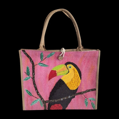 toucan on pink tote bag, tropical bird tote, hand painted toucan jute bag, eco-friendly toucan market bag