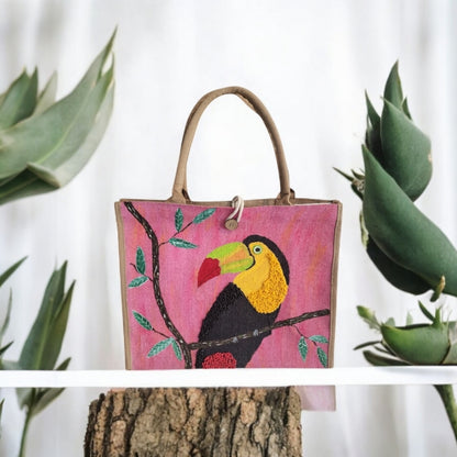 toucan on pink tote bag, tropical bird tote, hand painted toucan jute bag, eco-friendly toucan market bag