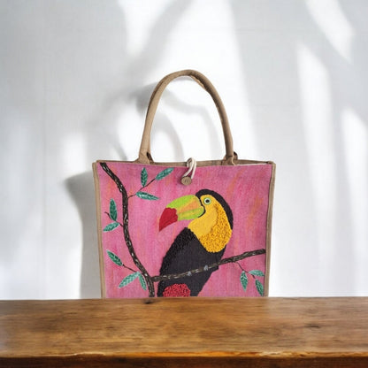 toucan on pink tote bag, tropical bird tote, hand painted toucan jute bag, eco-friendly toucan market bag