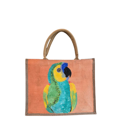 parrot on orange tote bag, tropical parrot tote, hand painted parrot jute bag, eco-friendly bird tote