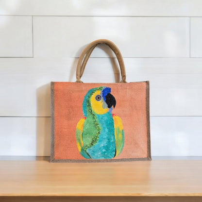 parrot on orange tote bag, tropical parrot tote, hand painted parrot jute bag, eco-friendly bird tote