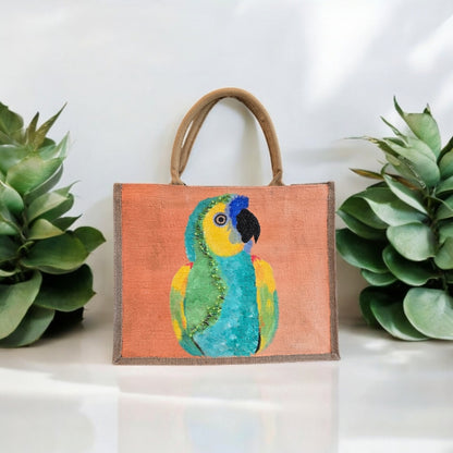 parrot on orange tote bag, tropical parrot tote, hand painted parrot jute bag, eco-friendly bird tote