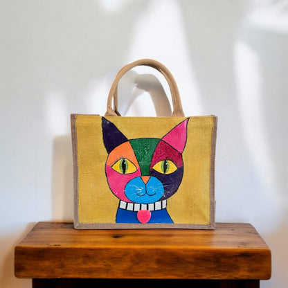 abstract cat tote bag, yellow cat tote, hand painted beaded cat jute bag, eco-friendly cat market bag