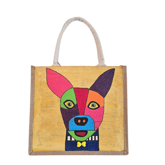 Abstract-Dog-Tote-Bag, Hand-Painted-with-Beads-on-Yellow-Canvas, Artistic-Design