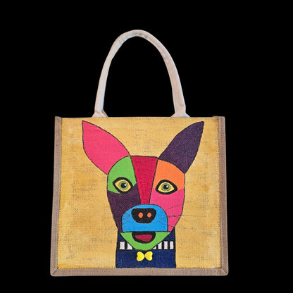 abstract dog tote bag, yellow dog tote, hand painted beaded dog jute bag, eco-friendly dog market bag