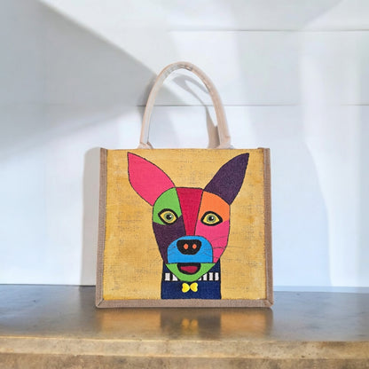 abstract dog tote bag, yellow dog tote, hand painted beaded dog jute bag, eco-friendly dog market bag