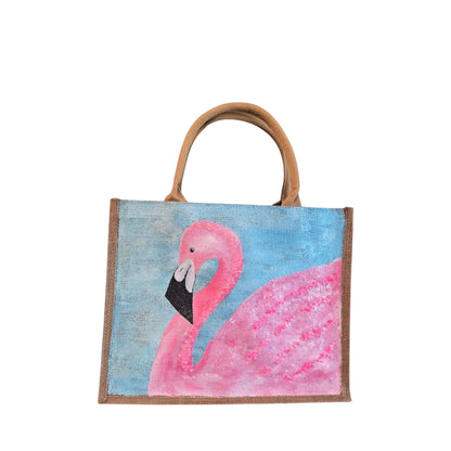 flamingo tote bag, turquoise tote bag, hand painted beaded flamingo jute bag, eco-friendly bird tote