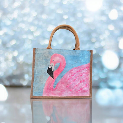 flamingo tote bag, turquoise tote bag, hand painted beaded flamingo jute bag, eco-friendly bird tote