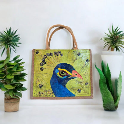 peacock tote bag, green tote bag, hand painted beaded peacock jute bag, eco-friendly bird tote, peacock feather tote