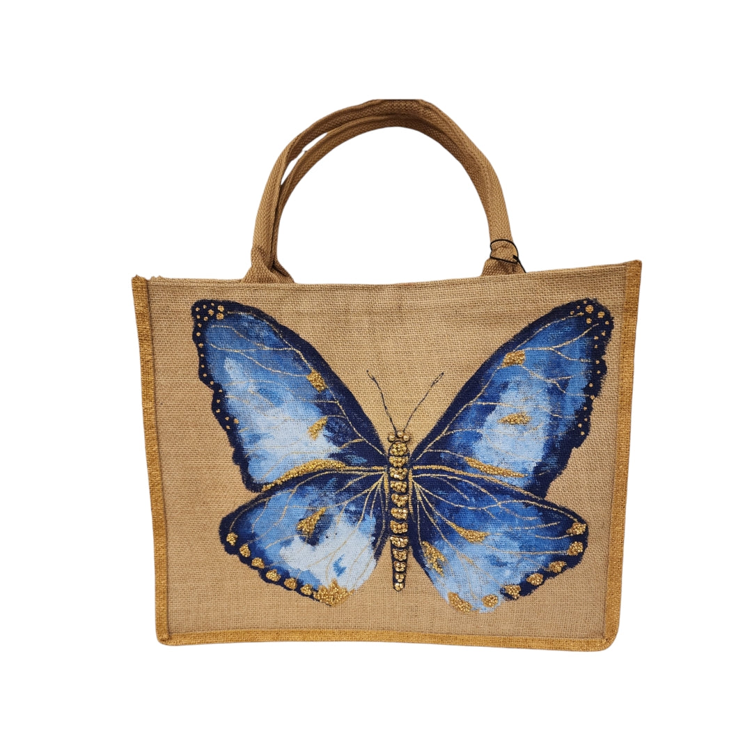 Blue-Butterfly-Tote-Bag, Hand-Painted-with-Beads-and-Charms, Unique-Artistic-Design