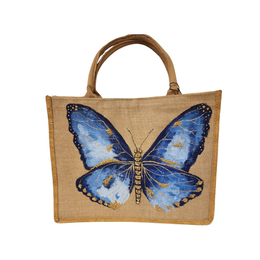 Blue-Butterfly-Tote-Bag, Hand-Painted-with-Beads-and-Charms, Unique-Artistic-Design