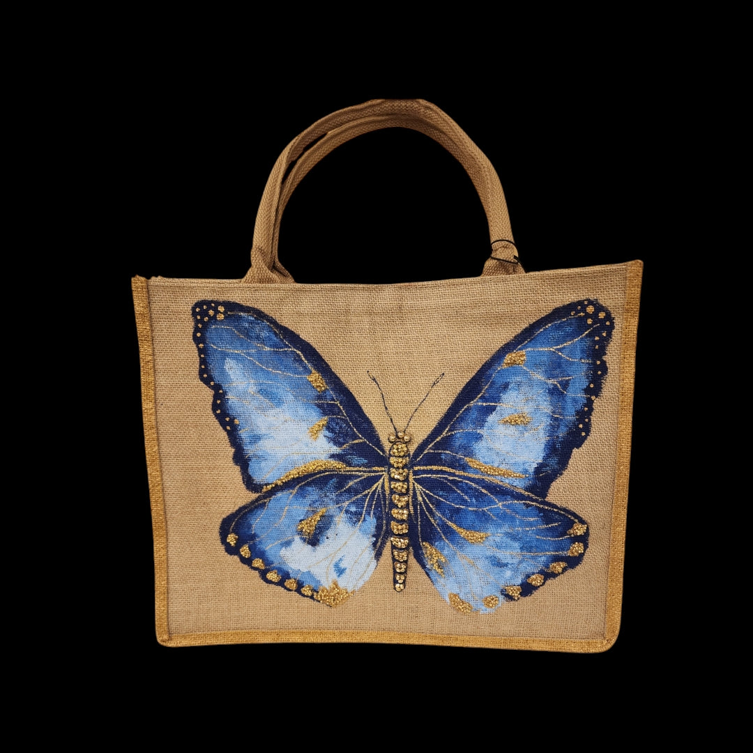 Blue-Butterfly-Tote-Bag, Hand-Painted-with-Beads-and-Charms, Unique-Artistic-Design