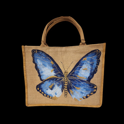 blue butterfly tote bag, off white butterfly tote, hand painted butterfly jute bag, eco-friendly butterfly market bag