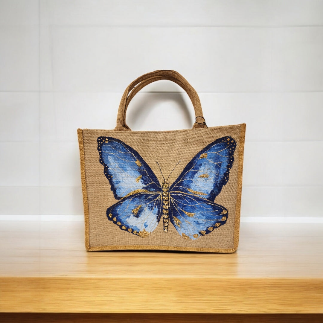 Blue-Butterfly-Tote-Bag, Hand-Painted-with-Beads-and-Charms, Unique-Artistic-Design