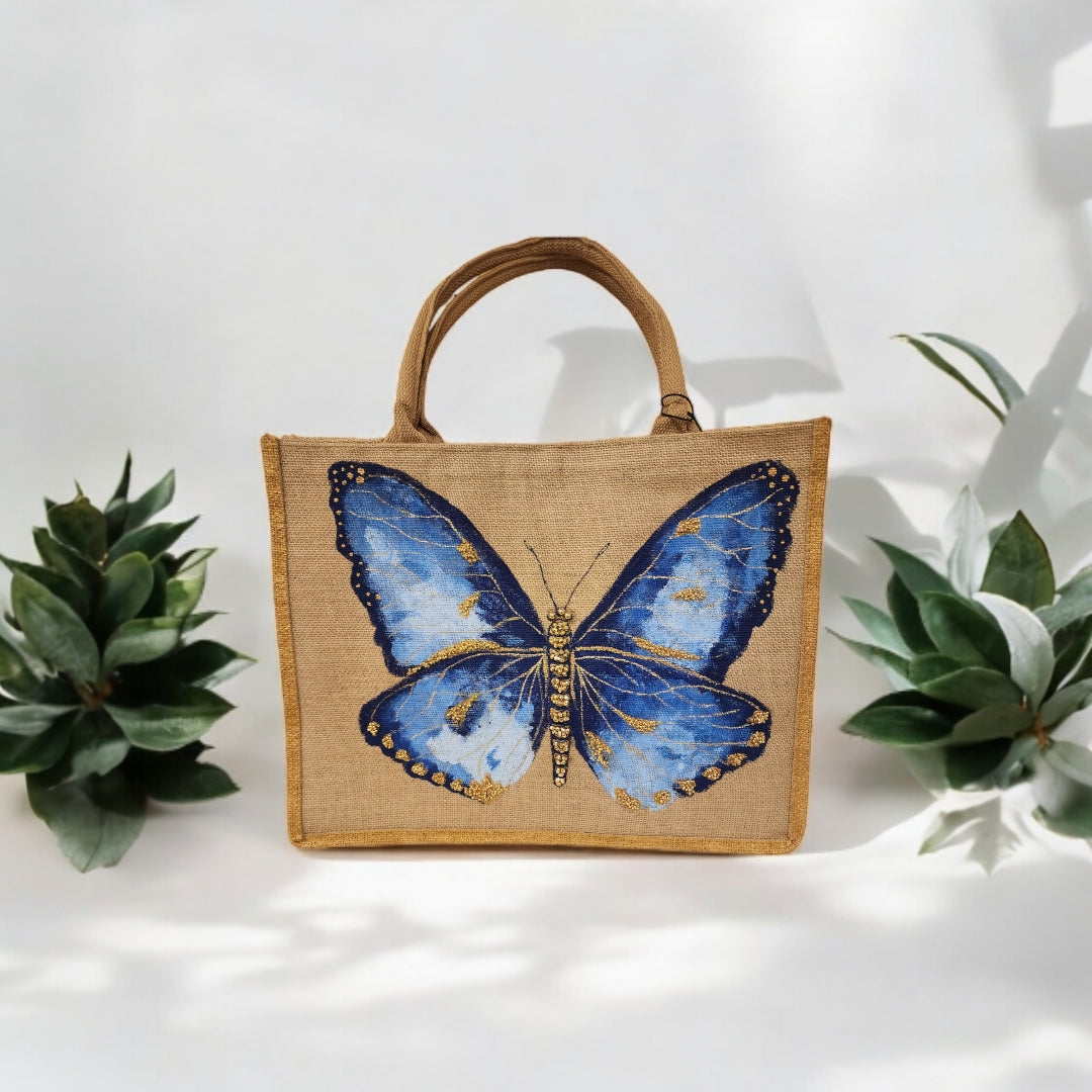 Blue-Butterfly-Tote-Bag, Hand-Painted-with-Beads-and-Charms, Unique-Artistic-Design