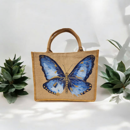blue butterfly tote bag, off white butterfly tote, hand painted butterfly jute bag, eco-friendly butterfly market bag