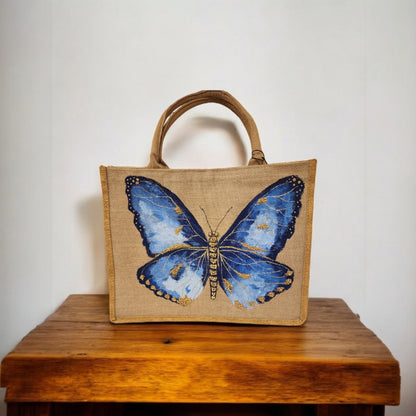 blue butterfly tote bag, off white butterfly tote, hand painted butterfly jute bag, eco-friendly butterfly market bag