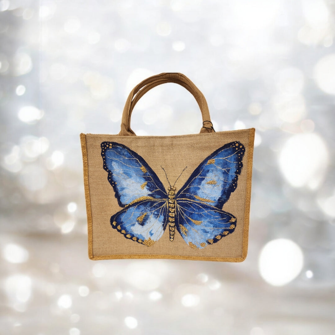 Blue-Butterfly-Tote-Bag, Hand-Painted-with-Beads-and-Charms, Unique-Artistic-Design