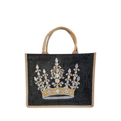 Black jute tote bag with hand-painted gold crown and sparkling beaded accents.
