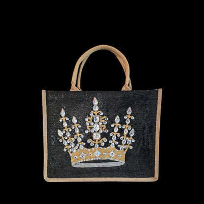 Black jute tote bag with hand-painted gold crown and sparkling beaded accents.